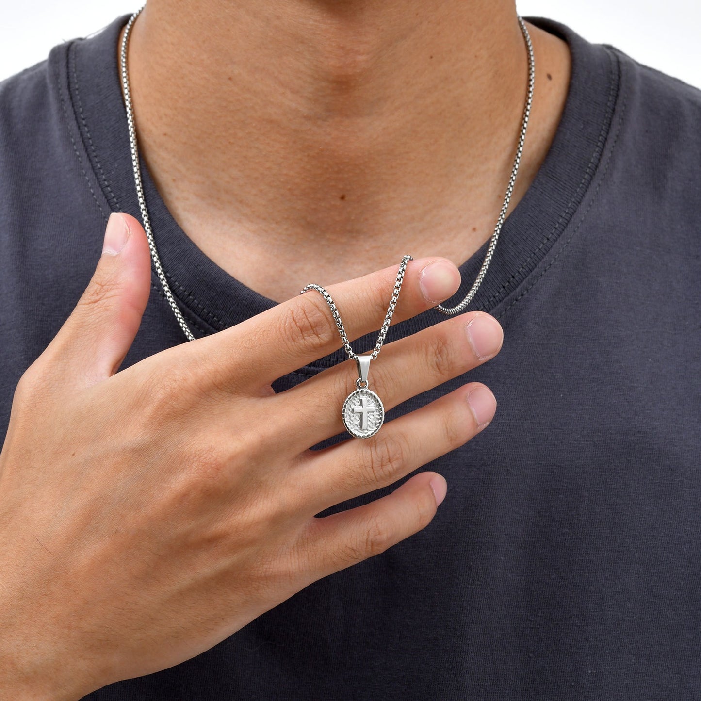 Kemstone Men’s Stainless Steel Cross Oval Pendant Necklace – Silver Black PN-2182