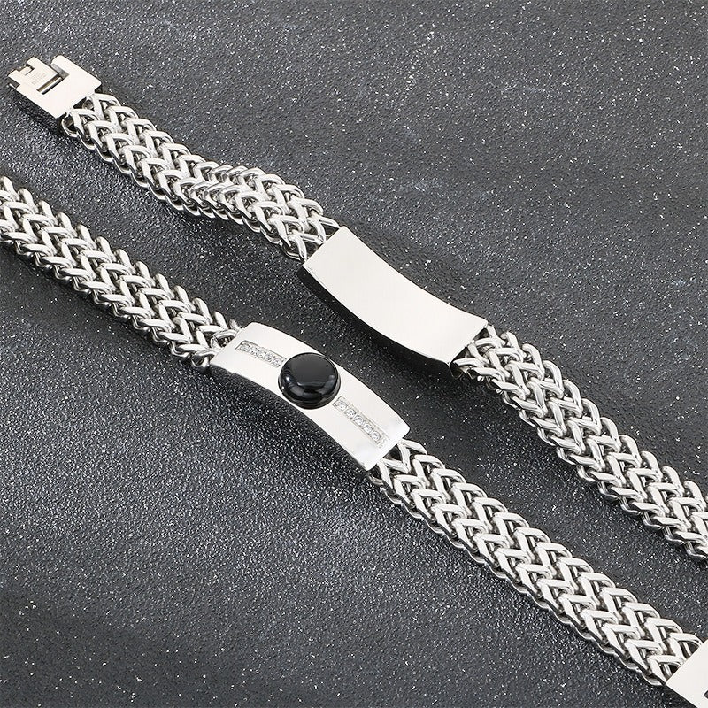 Kemstone Titanium Steel ID Bar Bracelet for Men Stone Inlay Braided Chain KB212795-KFC
