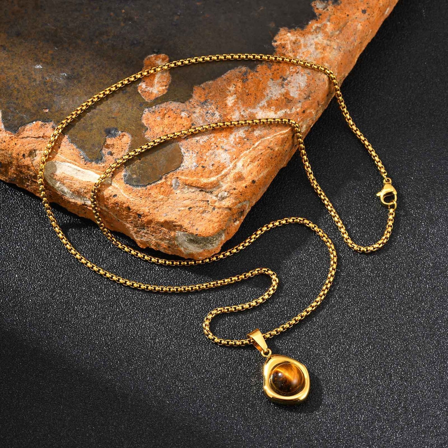 Kemstone Men’s Stainless Steel Necklace – Irregular Natural Stone Pendant Tiger Eye / Onyx / Turquoise PN-2189