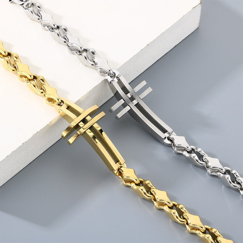 Kemstone Titanium Steel Handmade Cross Diamond Link Bracelet for Men KB211386-KFC
