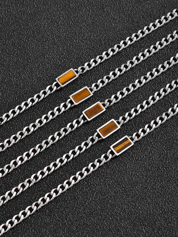 Kemstone Stainless Steel Chain Necklace for Men – Square Tiger Eye Detail Minimal Style NC-2255