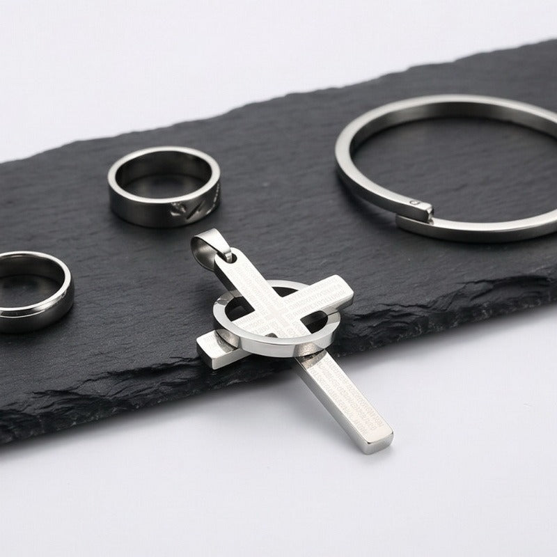 Kemstone Titanium Steel Engraved Cross Pendant for Men Vintage Ring Cross Chain KP119055-Z