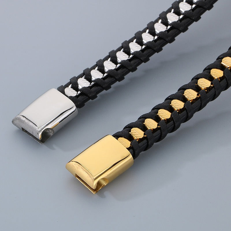 Kemstone Titanium Steel Braided Leather Strap Bracelet for Men Hip Hop Streetwear KB179967-YA