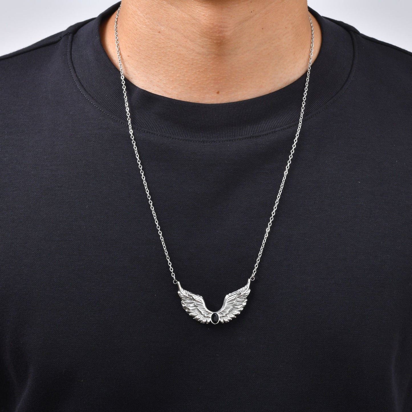 Kemston Stainless Steel Feather Wing Necklace for Men Cubic Zirconia Inlay NC-2878