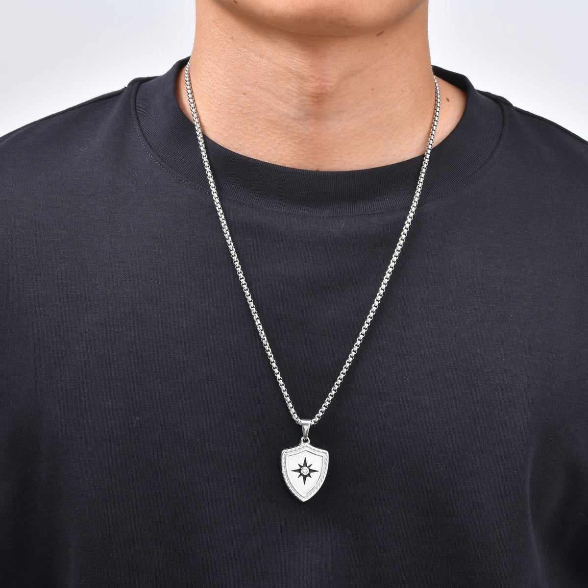Kemston Eight Point Star Shield Pendant Necklace for Men Stainless Steel PN-2443