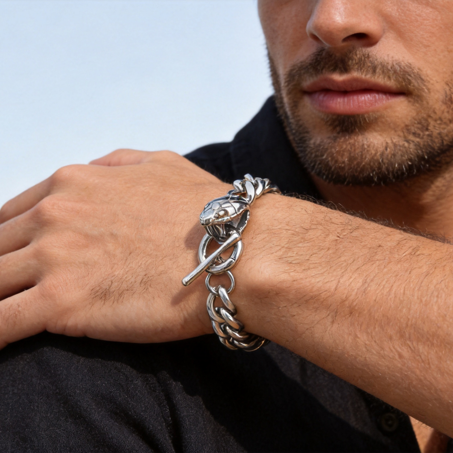 Kemstone Stainless Steel Snake Head Cuban Link Bracelet for Men OT Clasp Silver BR-2810