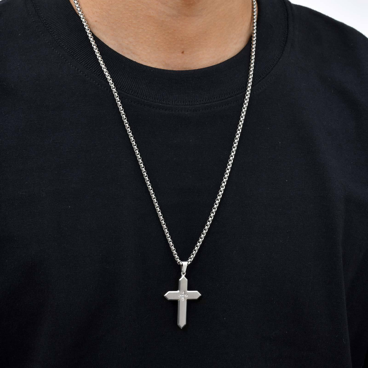 Kemstone Stainless Steel Brushed Cross Pendant Necklace with Cubic Zirconia – Square Link Chain for MenPN-2198