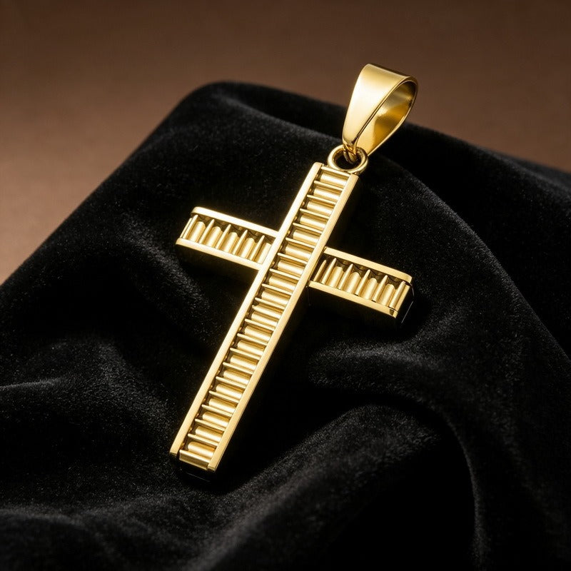 Kemstone Layered Cross Pendant Necklace for Men Stainless Steel Ribbed Design KP119486-HR