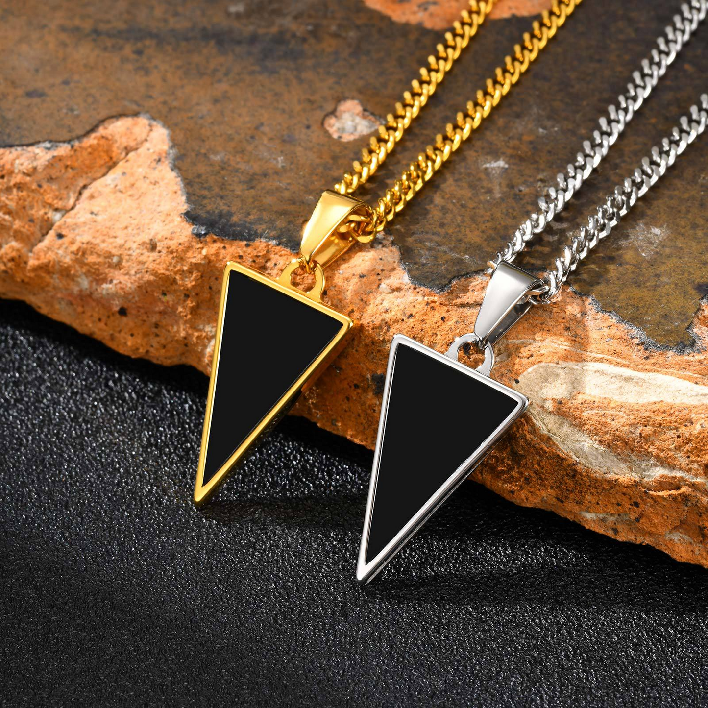 Kemstone Men’s Black Onyx Triangle Necklace – Stainless Steel Modern Pendant PN-2201
