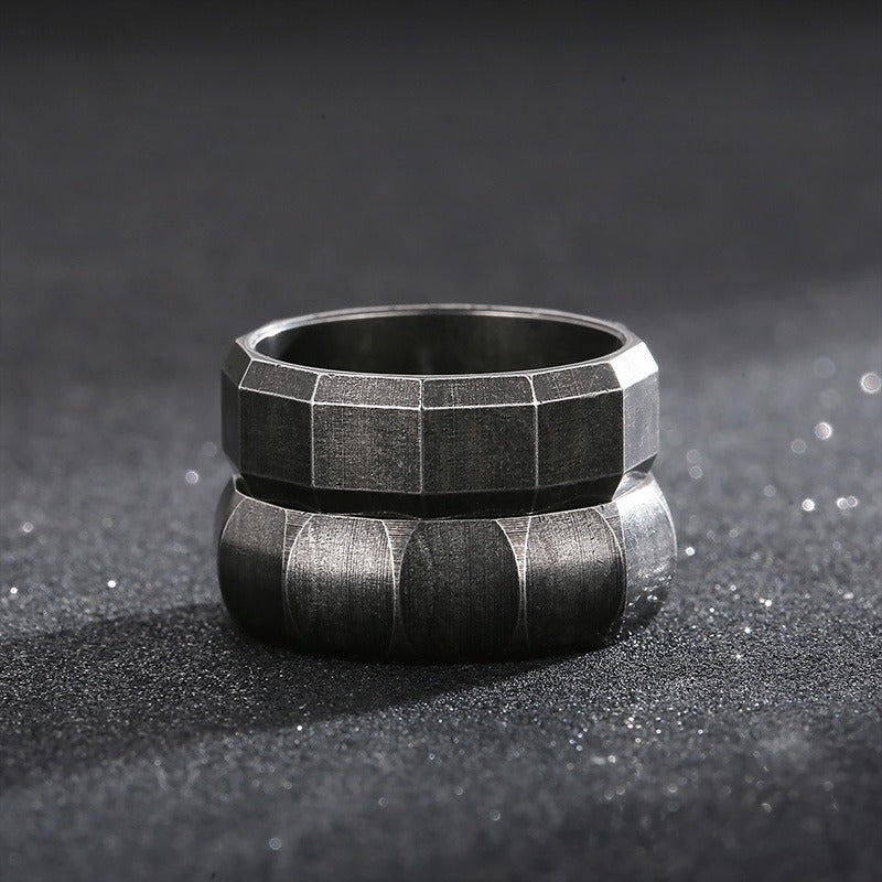Kemstone Matte Black Gothic Ring – Titanium Steel Geometric Band for Men | Dark Vintage Street Style KR100827-KFC