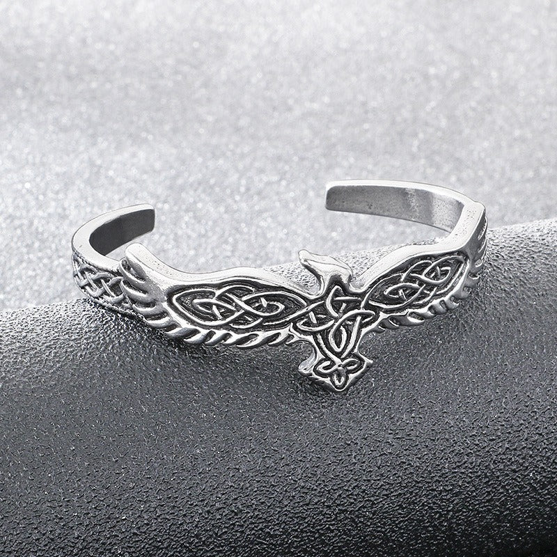 Kemstone Viking Raven Celtic Knot Feather Cuff Bracelet – Titanium Steel Open Bangle for Men KB209301-LU