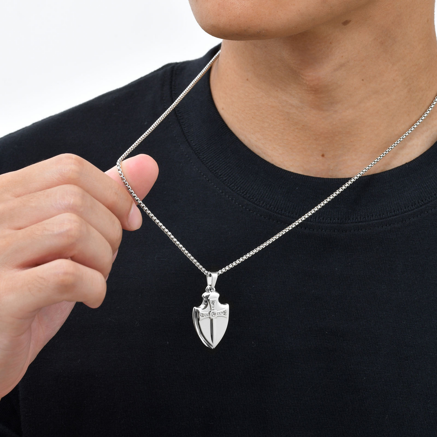 Kemstone Stainless Steel Shield Pendant Necklace for Men Cubic Zirconia Sword Design PN-2177