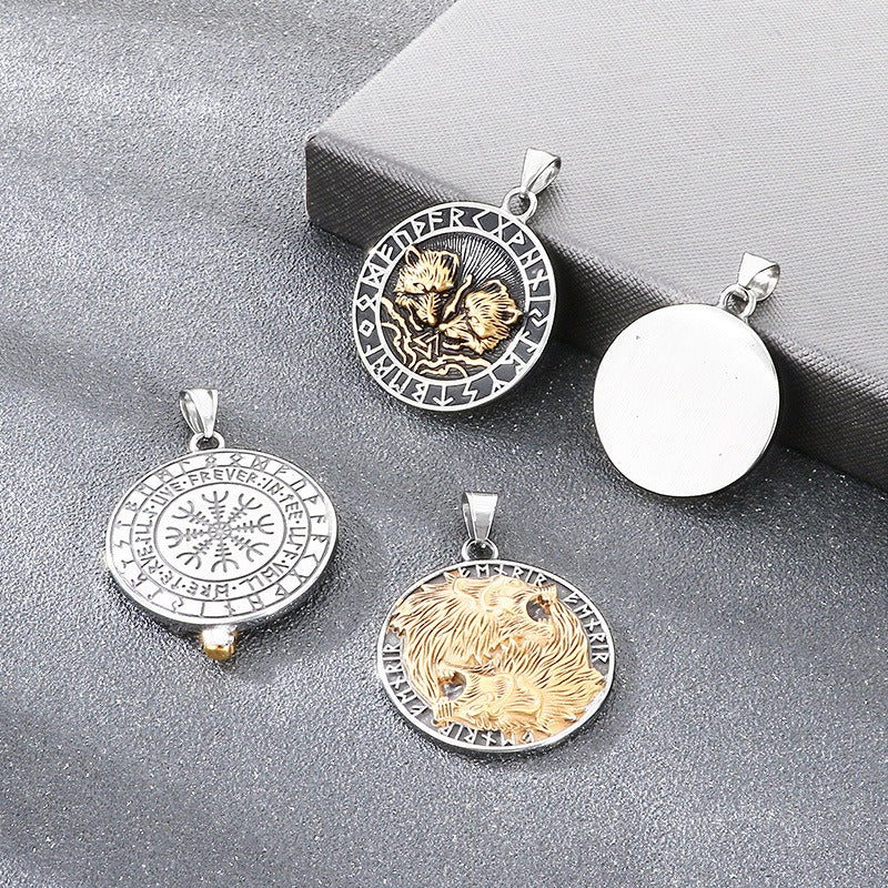 Kemstone Viking Axe Raven Wolf Pendant Necklace Stainless Steel - Rune Coin Norse Style Men KP117708-LU