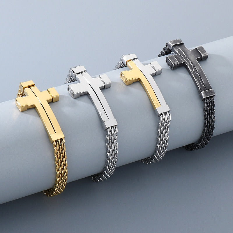 Kemstone Woven Chain Cross Bracelet for Men Titanium Steel KB213351-KFC