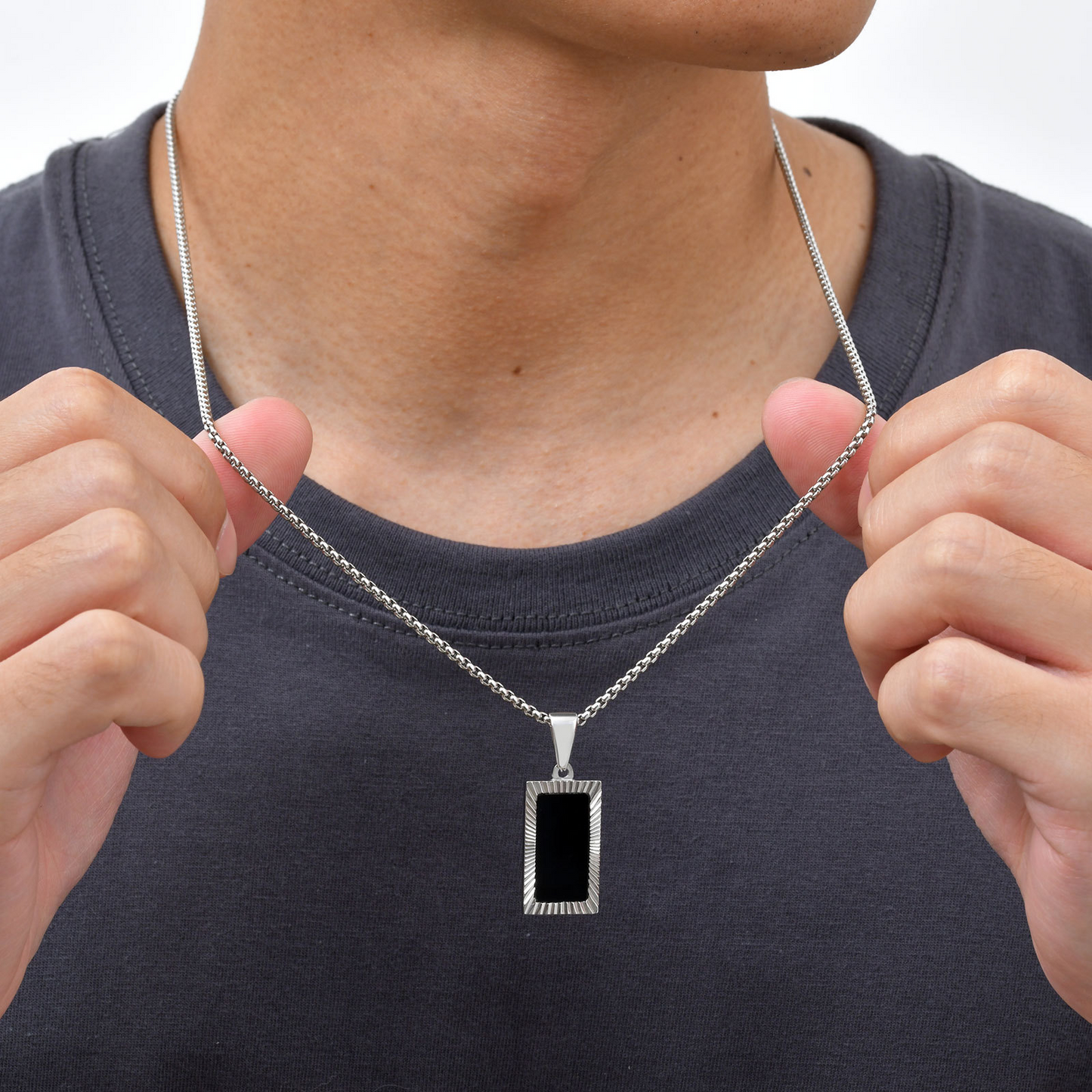 Kemstone Stainless Steel Carved Black Acrylic Rectangular Pendant Necklace for Men – Vintage Frame Design PN-2188