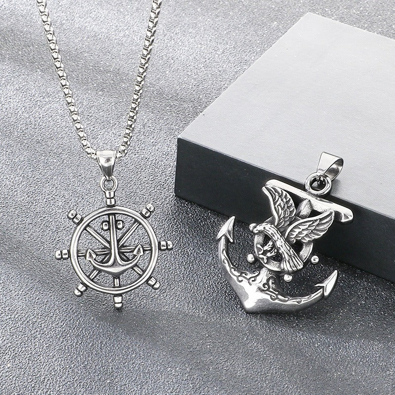 Kemstone Anchor Pendant Necklace Titanium Steel Nautical Wheel Skull Cross Design for Men Silver KP117037-LU