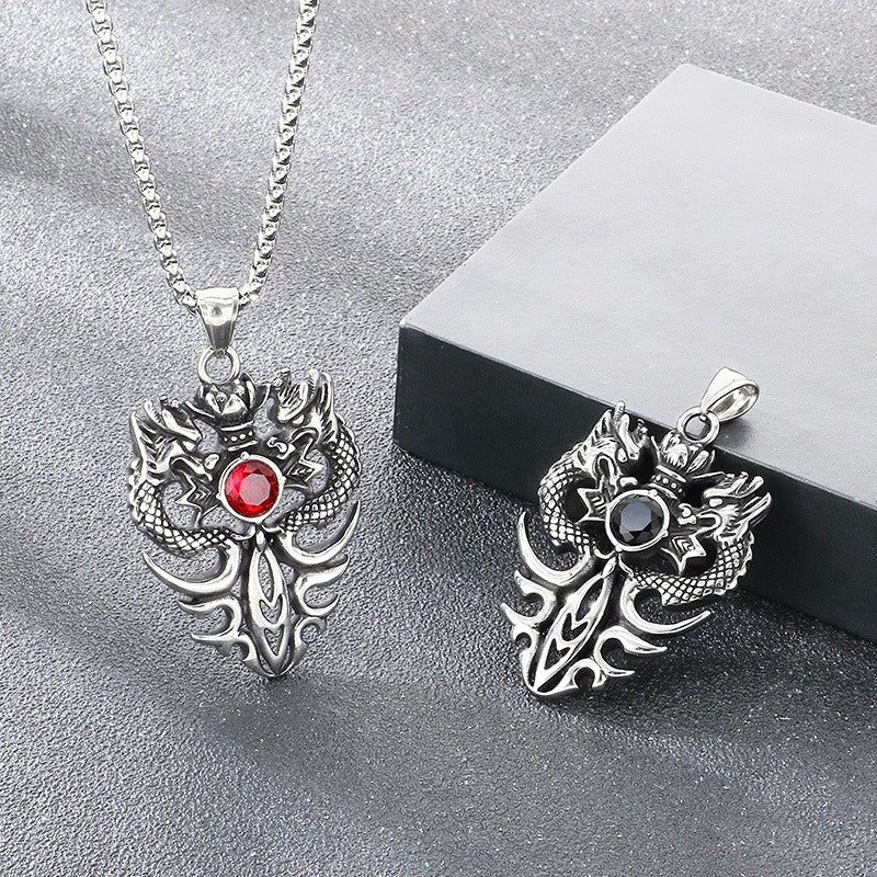 Kemstone Vintage Double Dragon Pendant Necklace Titanium Steel Sword with Cubic Zirconia for Men KP117722-LU