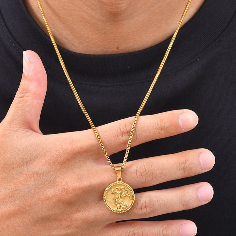 Kemston Winged Figure Medallion Necklace for Men Stainless Steel Gold Silver PN-2424