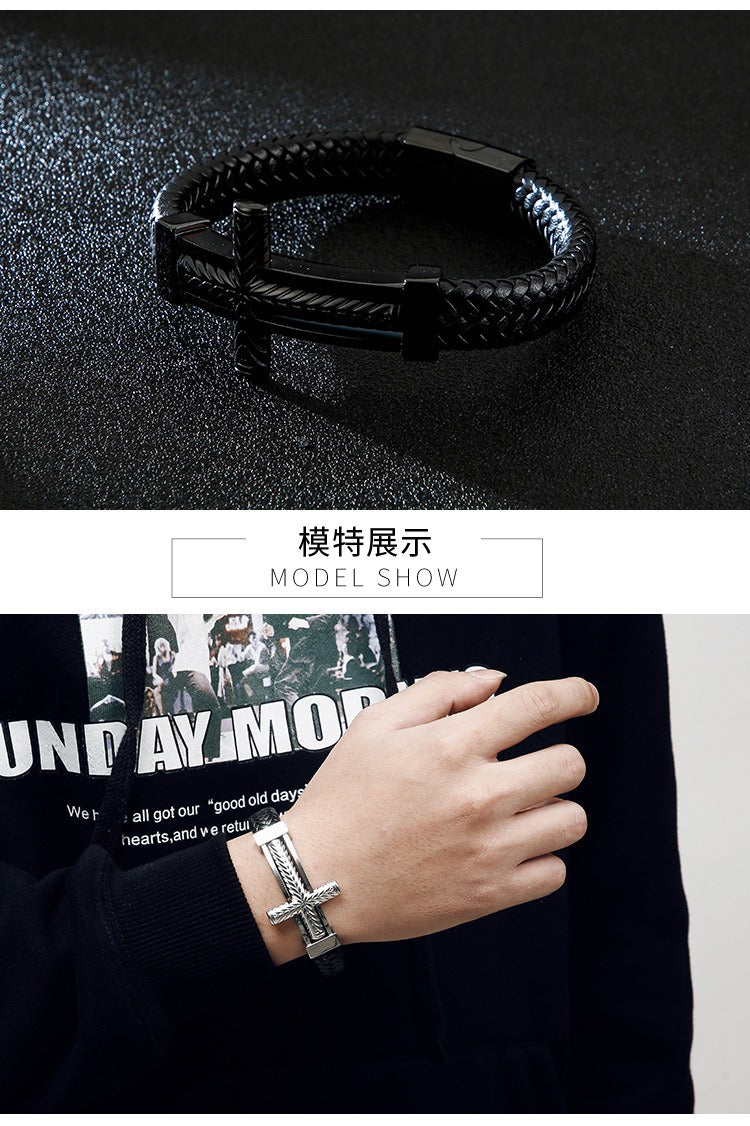 Kemstone Cross Leather Bracelet for Men Titanium Steel Braided Black Cord Design KB130233-KFC
