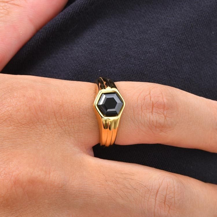 Kemstone Stainless Steel Hexagon Black Zircon Ring for Men RC-985