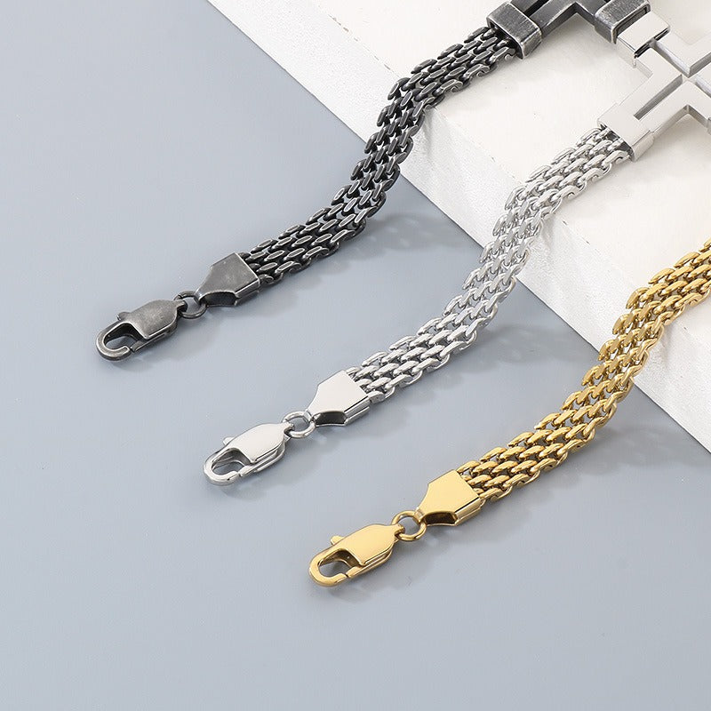 Kemstone Titanium Steel Hollow Curved Cross Bracelet for Men Adjustable Double Chain Gold Silver Black KB212800-KFC
