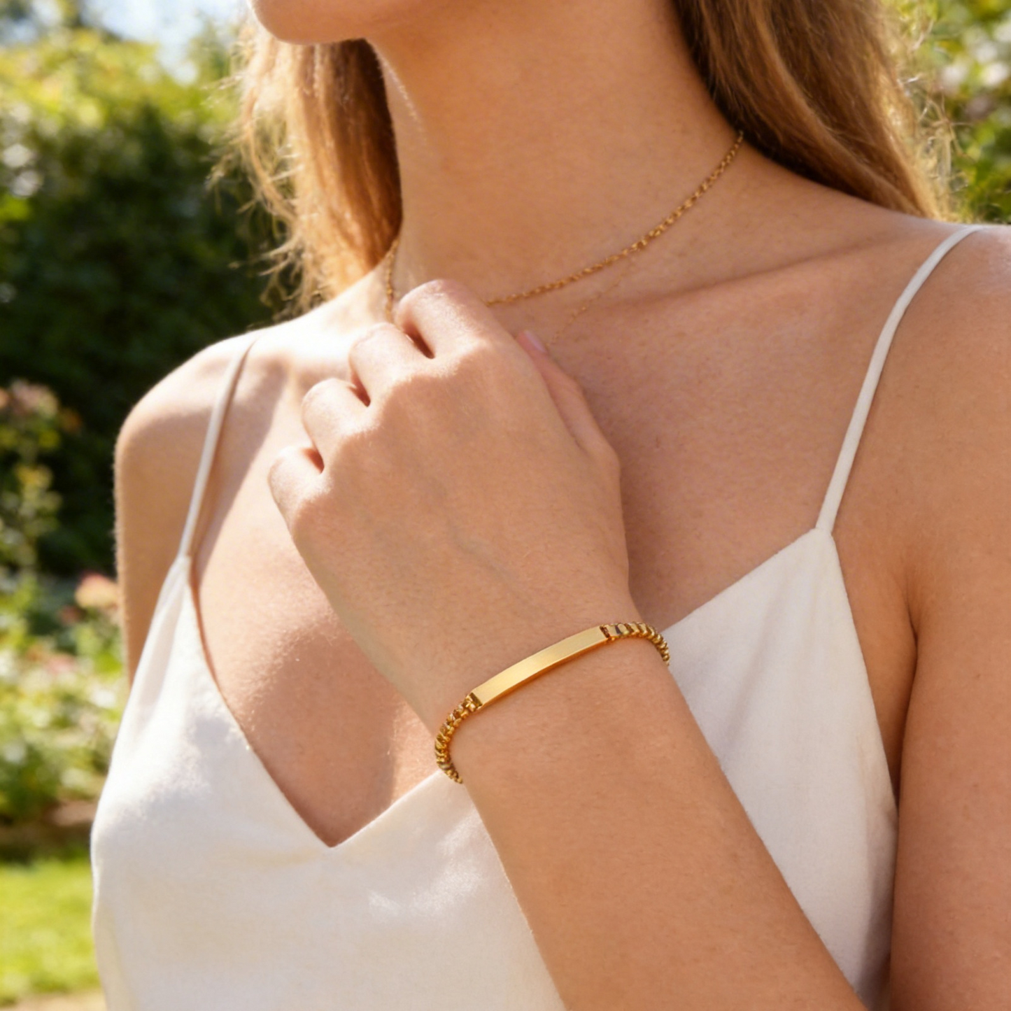 Kemstone Stainless Steel Gold Plated ID Plate Bracelet for Men & Women – Minimal Curved Bar CB-225