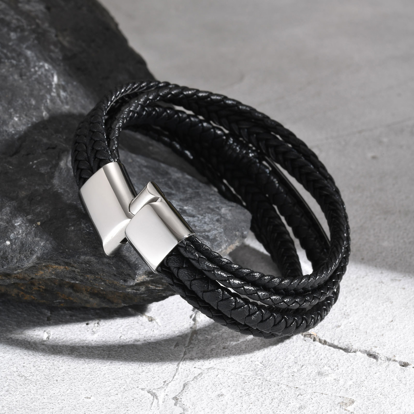 Kemstone Stainless Steel Curved Plate Multi-Layer PU Leather Bracelet for Men – Black Double Wrap Design BL-783