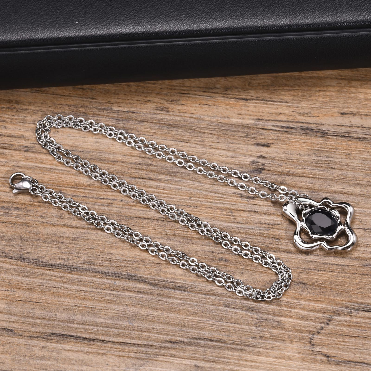 Kemstone Men’s Silver Geometric Pendant Necklace with Black Enamel PNB-192