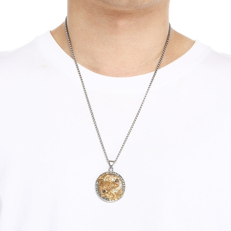 Kemstone Viking Axe Raven Wolf Pendant Necklace Stainless Steel - Rune Coin Norse Style Men KP117708-LU