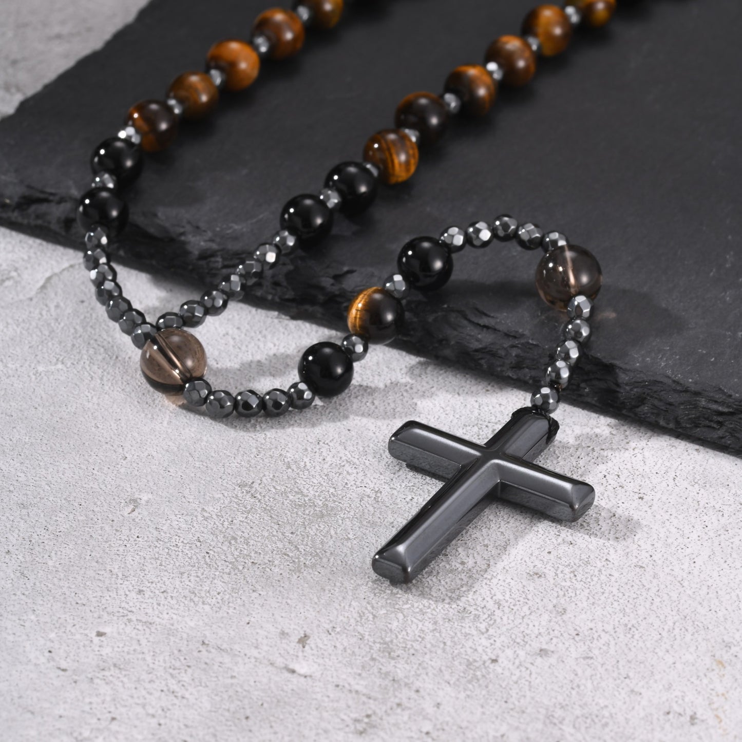 Kemstone Tiger Eye Beaded Cross Necklace for Men Lava Stone Stainless Steel Pendant NC-3017