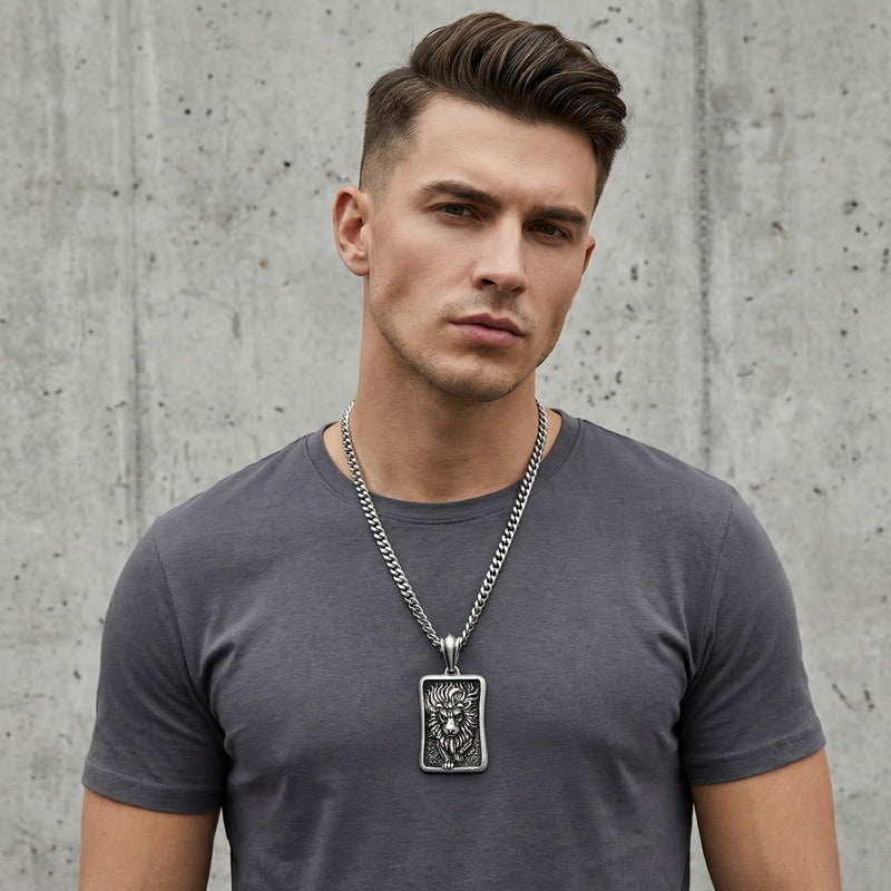 Kemstone Titanium Steel Lion Tag Pendant Necklace for Men Vintage Relief Design KP98157-KJX