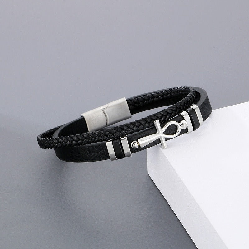 Kemstone Layered Leather Bracelet for Men Stainless Steel Cross Detail KB180738-JR