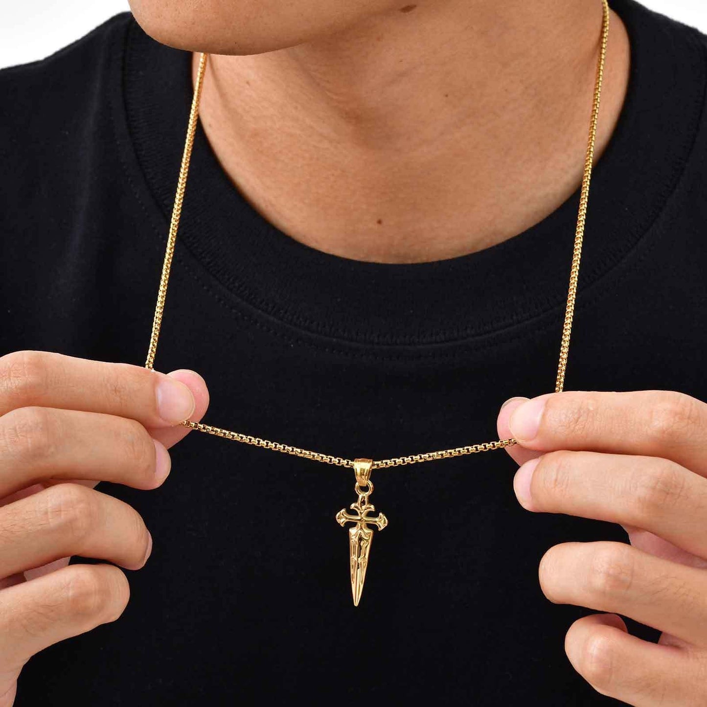 Kemstone Stainless Steel Sword Cross Pendant Necklace – Gold Silver for Men PN-2241