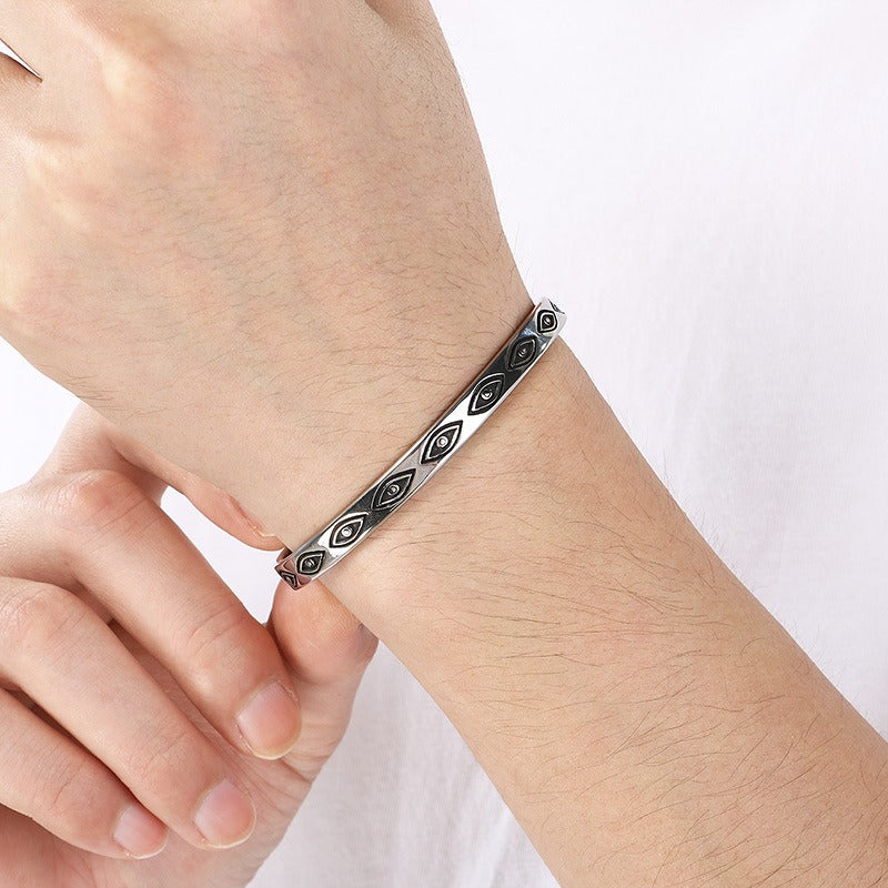 Kemstone Dark Metal Eye & Relief Head Titanium Steel Cuff Bracelet for Men – Open C Shape Design KB209289-LU