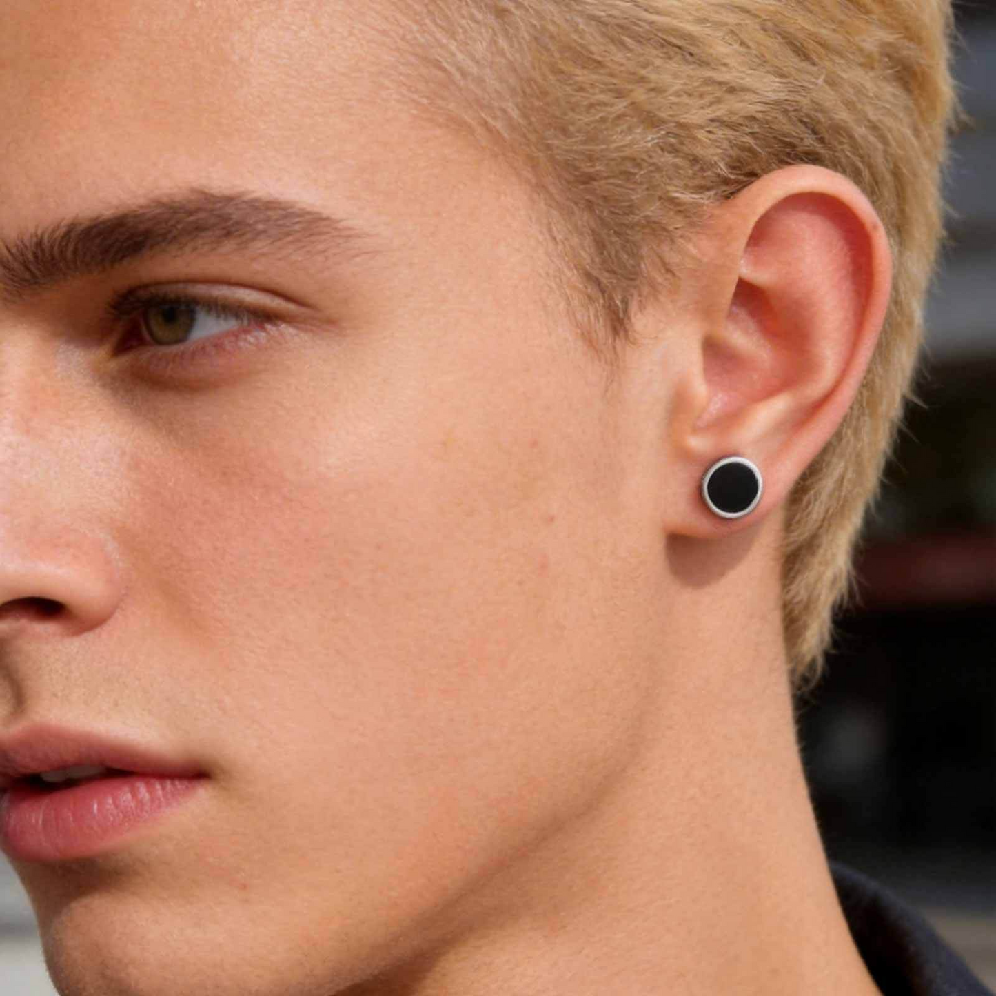 Kemstone Stainless Steel Tiger Eye Stud Earrings – Round Rune Edge Design for Men ES-784