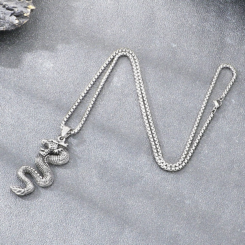 Kemstone Dragon Pendant Necklace for Men Titanium Steel Vintage Oxidized Silver Animal Chain KP117731-LU