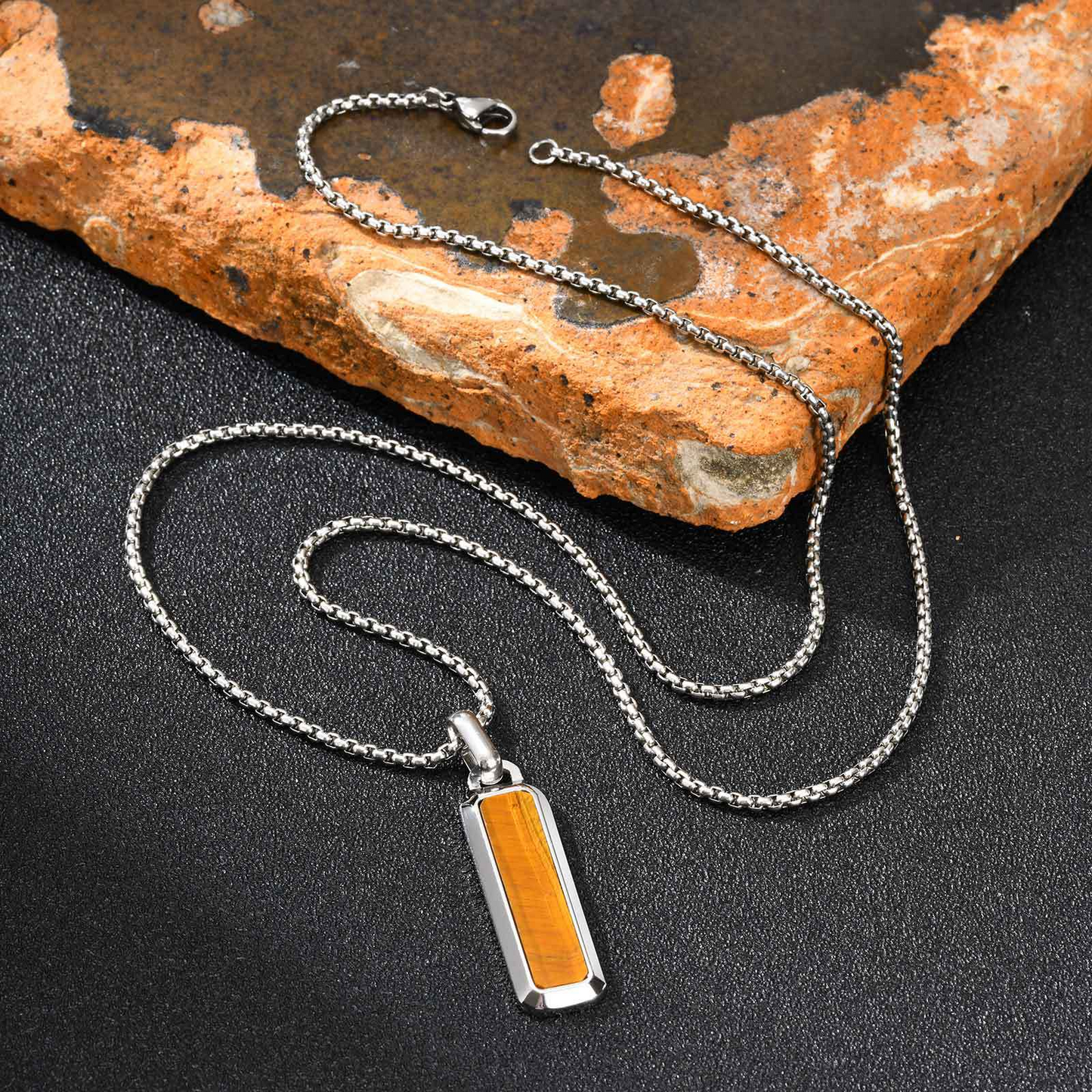 Kemstone Tiger Eye Pendant Necklace for Men – Stainless Steel Bar Necklace PN-2226