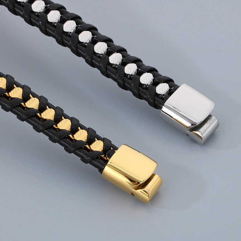 Kemstone Titanium Steel Braided Leather Strap Bracelet for Men Hip Hop Streetwear KB179967-YA