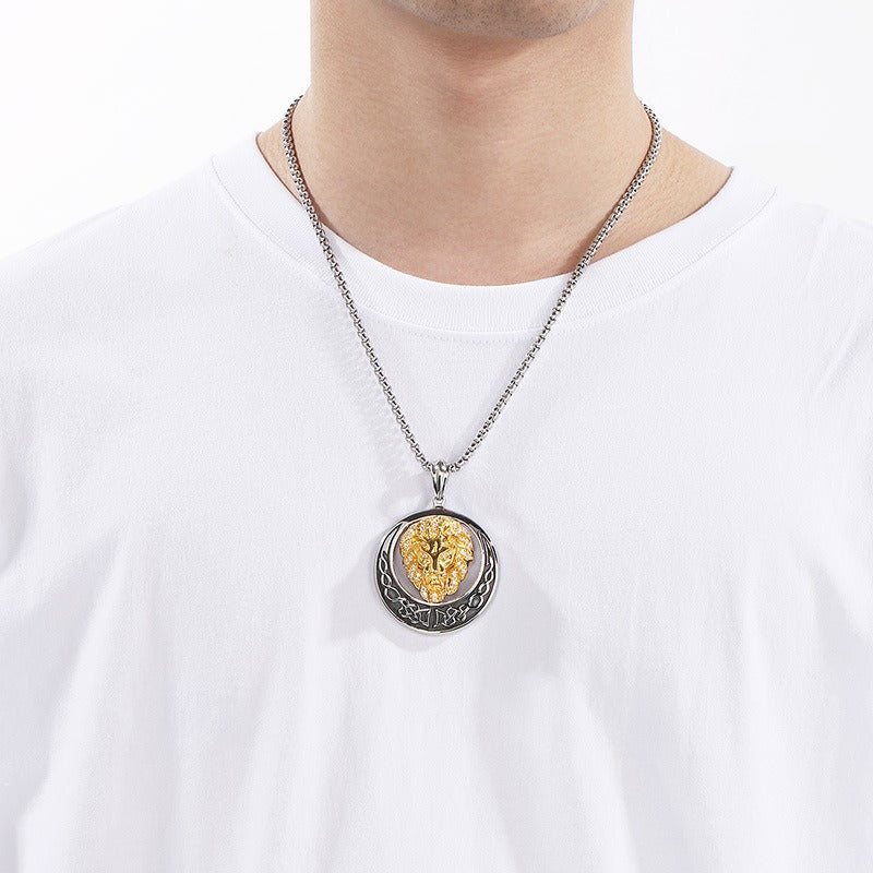 Kemstone Titanium Steel Lion Head Pendant Necklace for Men – Celtic Round Design KP33338-D