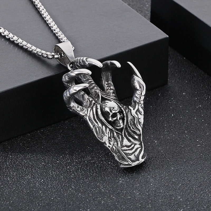Kemstone Skull Pendant Necklace for Men Titanium Steel Vintage Claw Detail Relief KP48370-BD