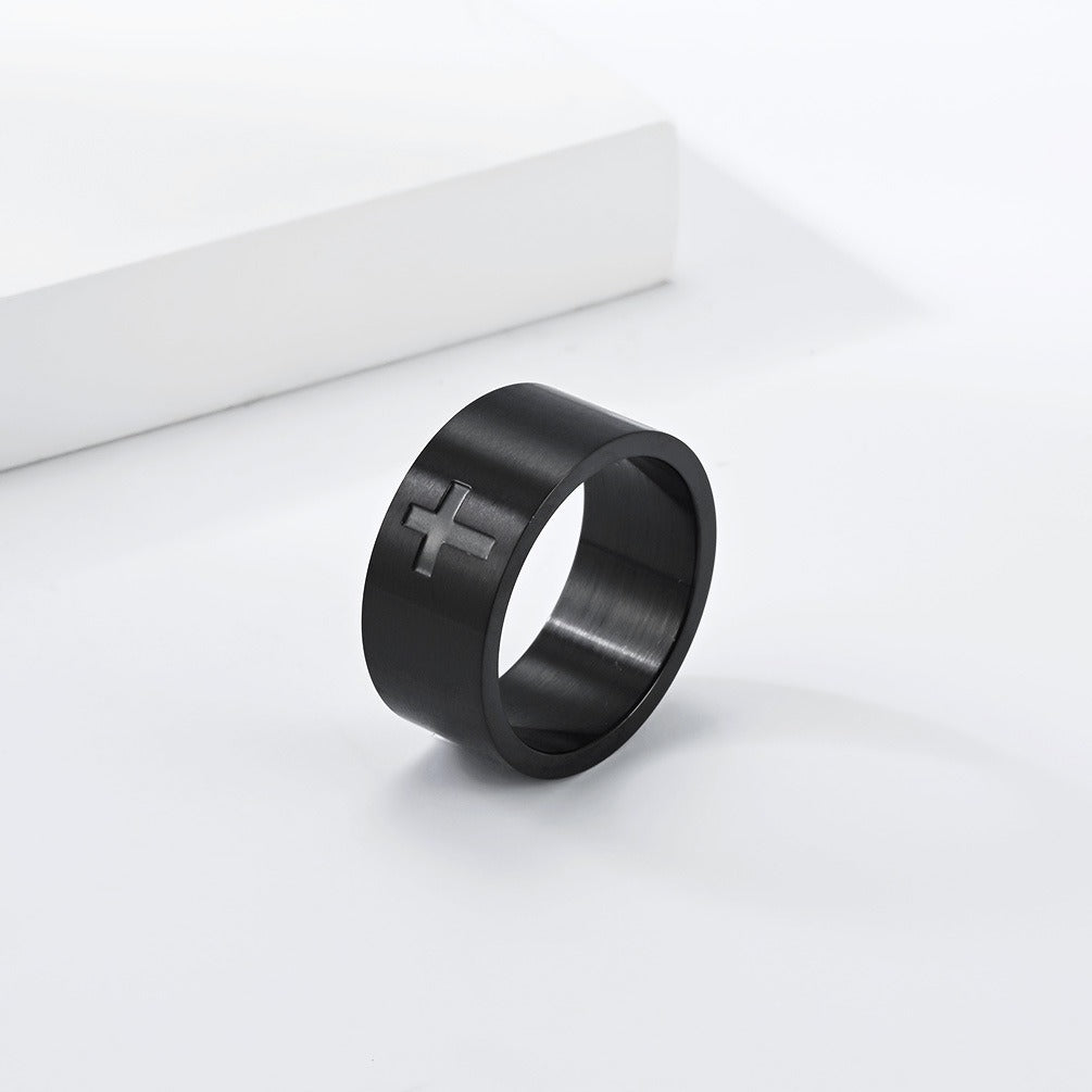 Kemstone Matte Cross Ring for Men Stainless Steel 10MM Wide Band Vintage K-R1209