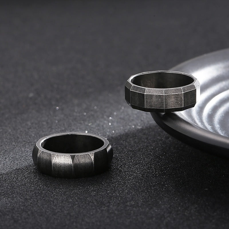 Kemstone Matte Black Gothic Ring – Titanium Steel Geometric Band for Men | Dark Vintage Street Style KR100827-KFC