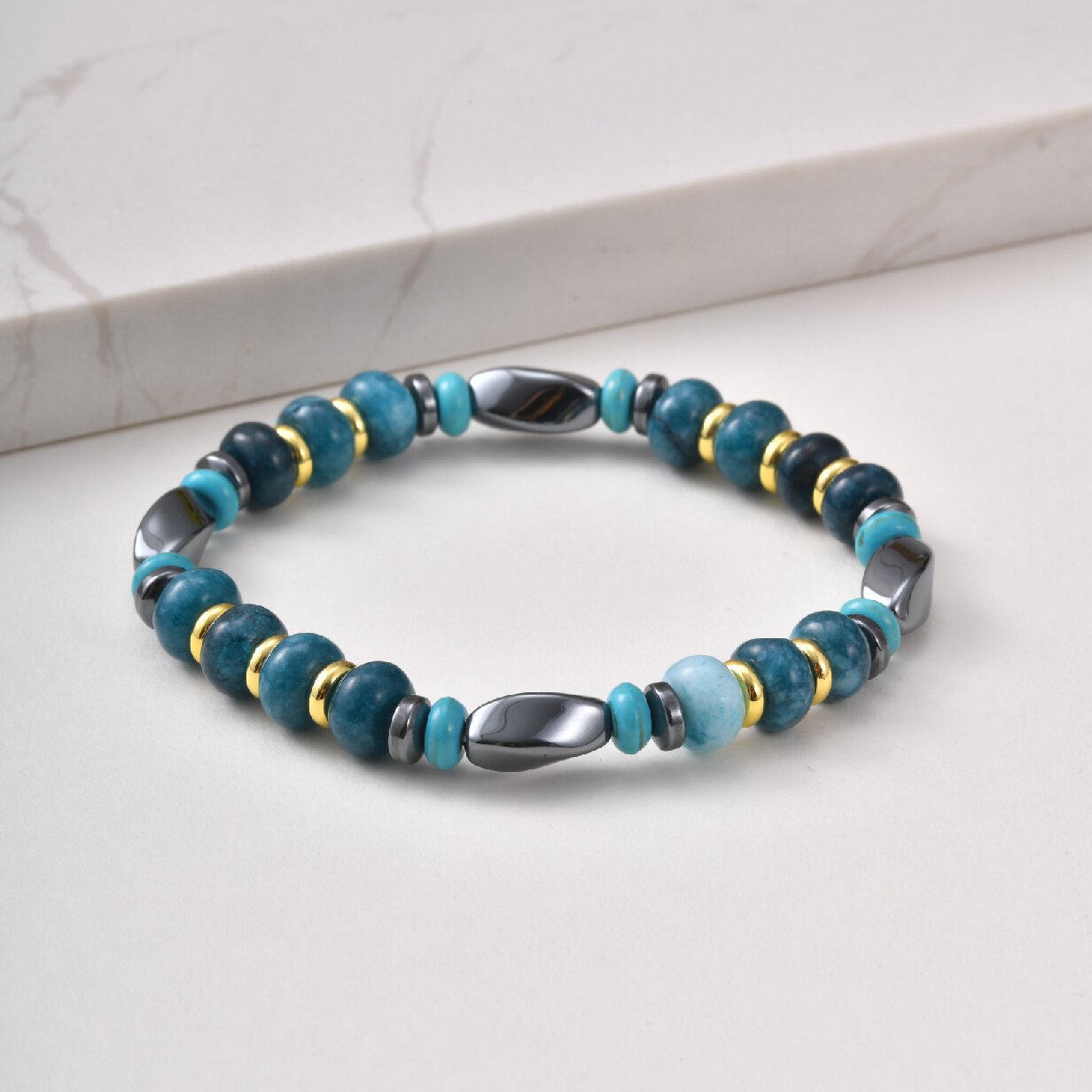 Kemstone Mixed Black Beaded Bracelet for Men Stainless Steel Spacer Stretch Chain BR-3143