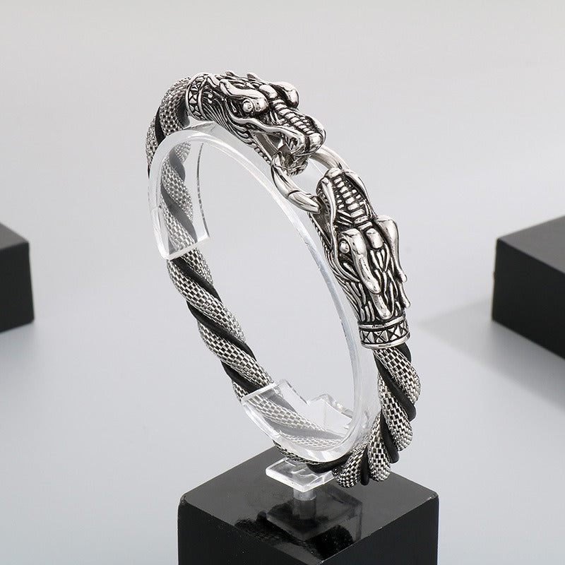 Kemstone Titanium Steel Leather Bracelet for Men Vintage Dragon Tiger Anchor Clasp KB87977-BD