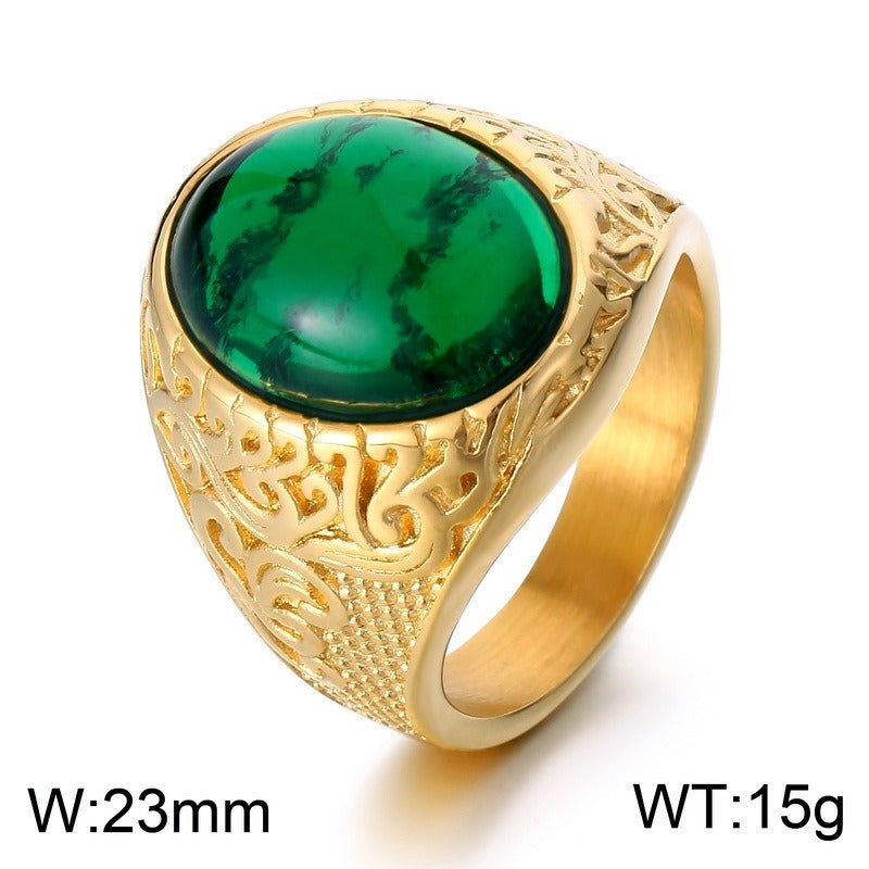 Kemstone Viking Rune Ring – Cracked Stone Titanium Steel Band for Men, Norse Mythology Gothic Style KR110138