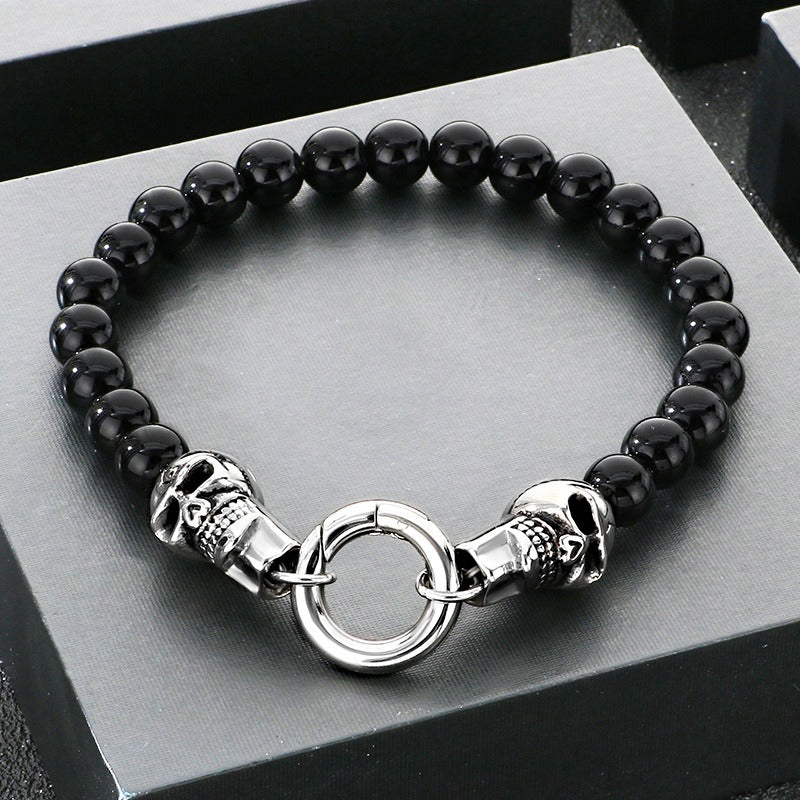 Kemstone Black Onyx Skull Bead Bracelet & Necklace – Titanium Steel with Cubic Zirconia Detail for Men B81841-BD