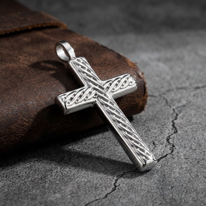 Kemstone Titanium Steel Twisted Cross Pendant Necklace for Men Vintage Rope Texture Chain KN302498-GC