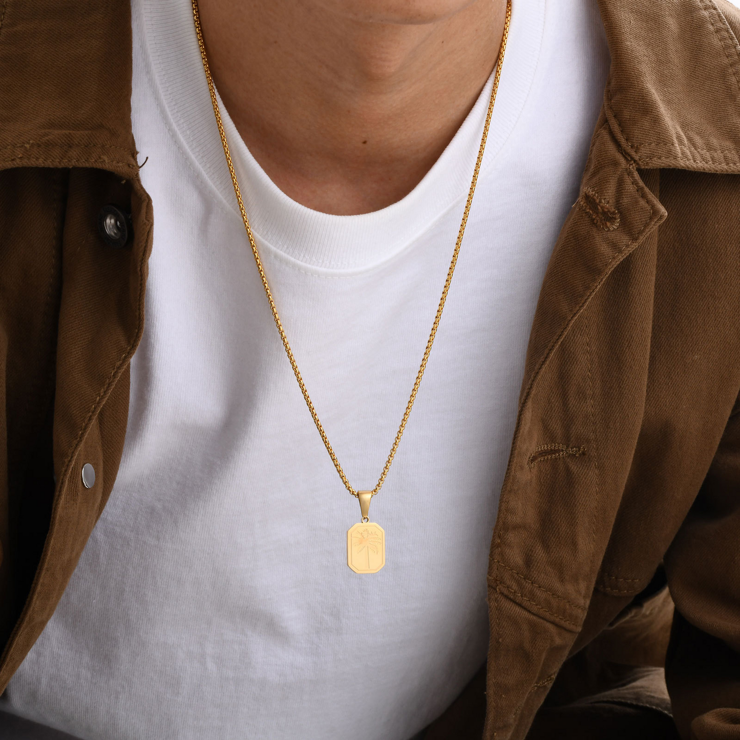 Kemstone Stainless Steel Palm Tree Pendant Necklace – Etched Rectangle Tag, Gold Silver PN-1990