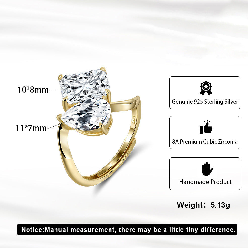 Double Stone Statement Ring – 925 Sterling Silver 8A Zircon Engagement & Promise Ring, 14K Gold or Platinum Plated Jewelry by Kemstone A4-LZR42