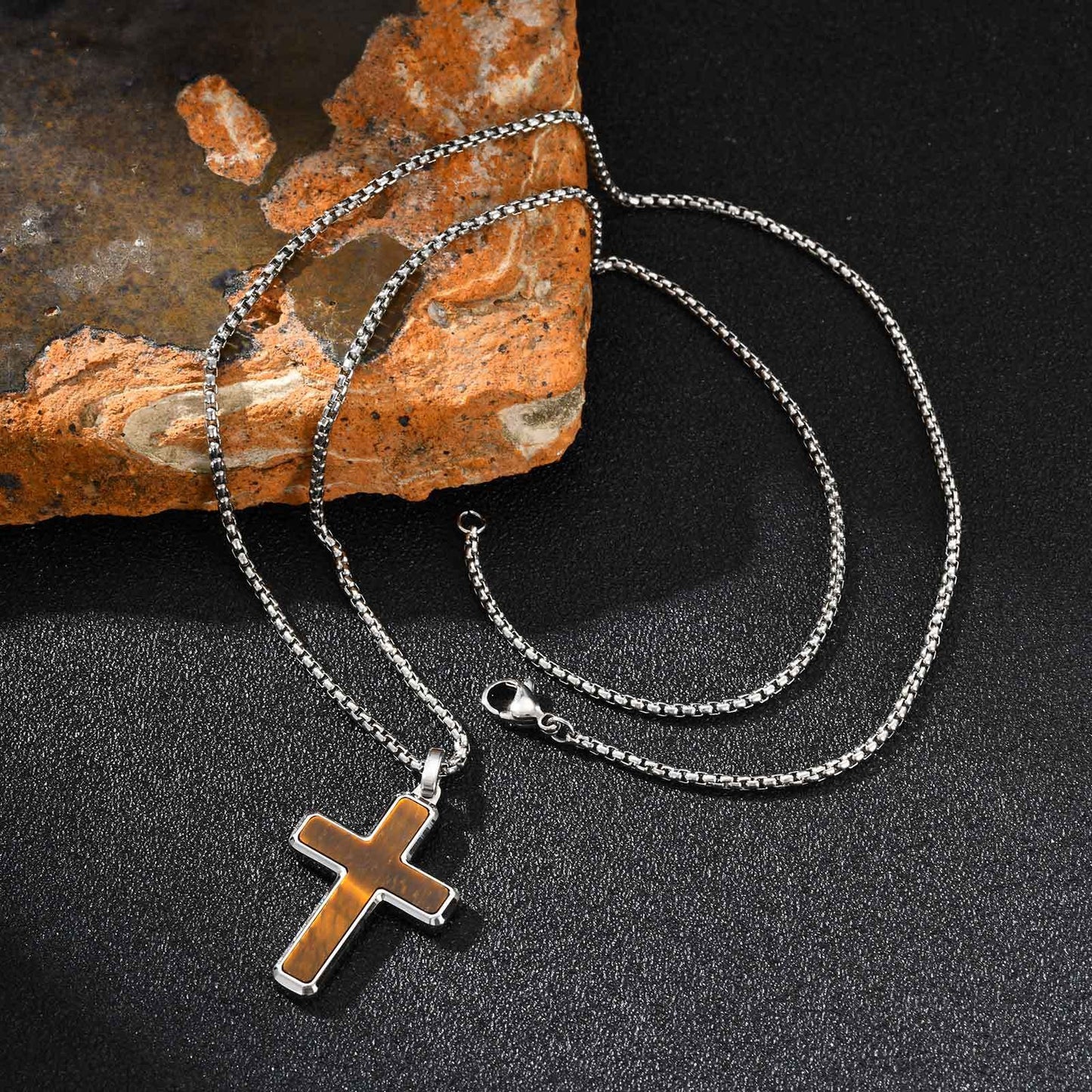 Kemstone Stainless Steel Cross Pendant Necklace – Tiger Eye & Turquoise Inlay for Men PN-2224